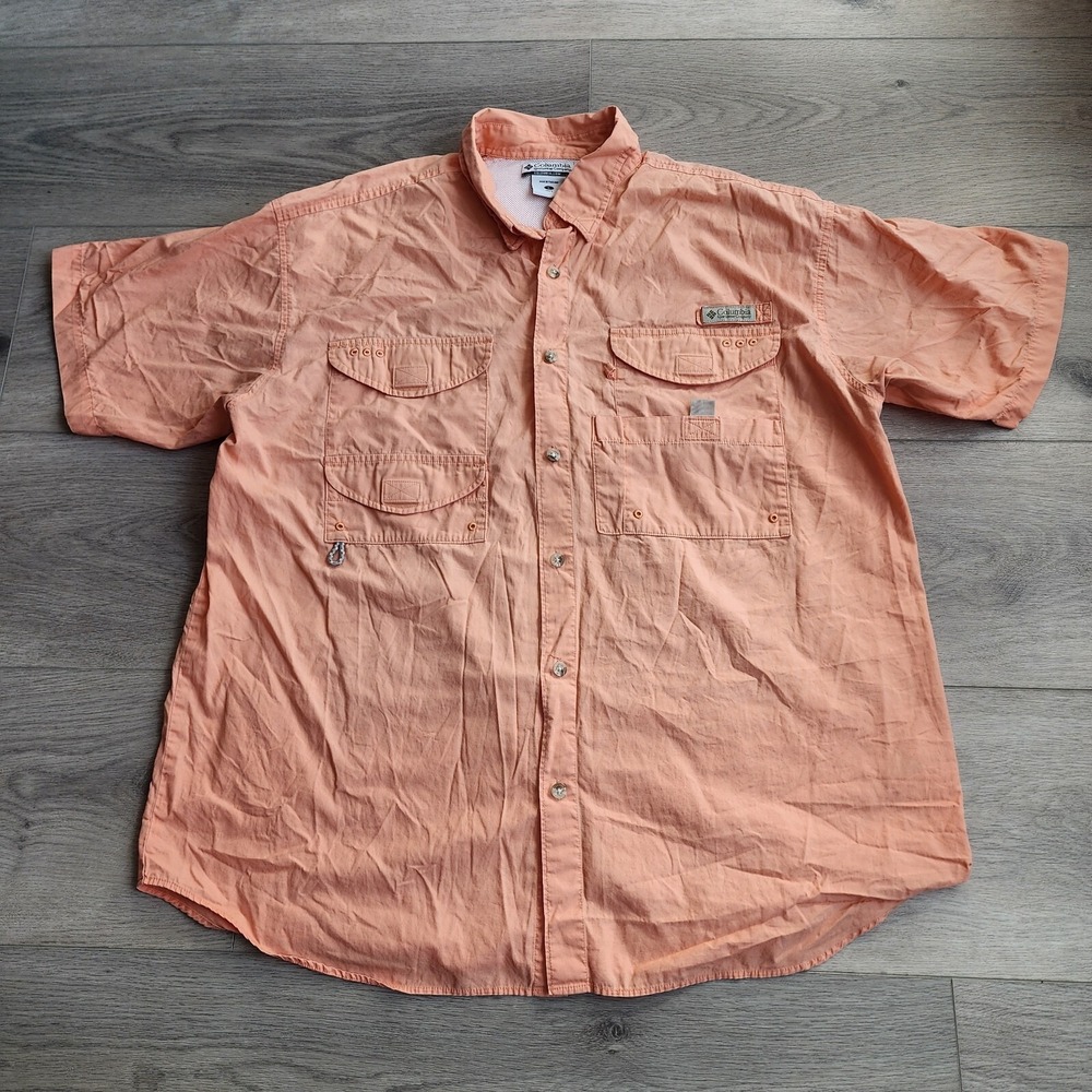 Columbia PFG Mens Large Short Sleeve Fishing Shirt Coral Orange Ventilated Back